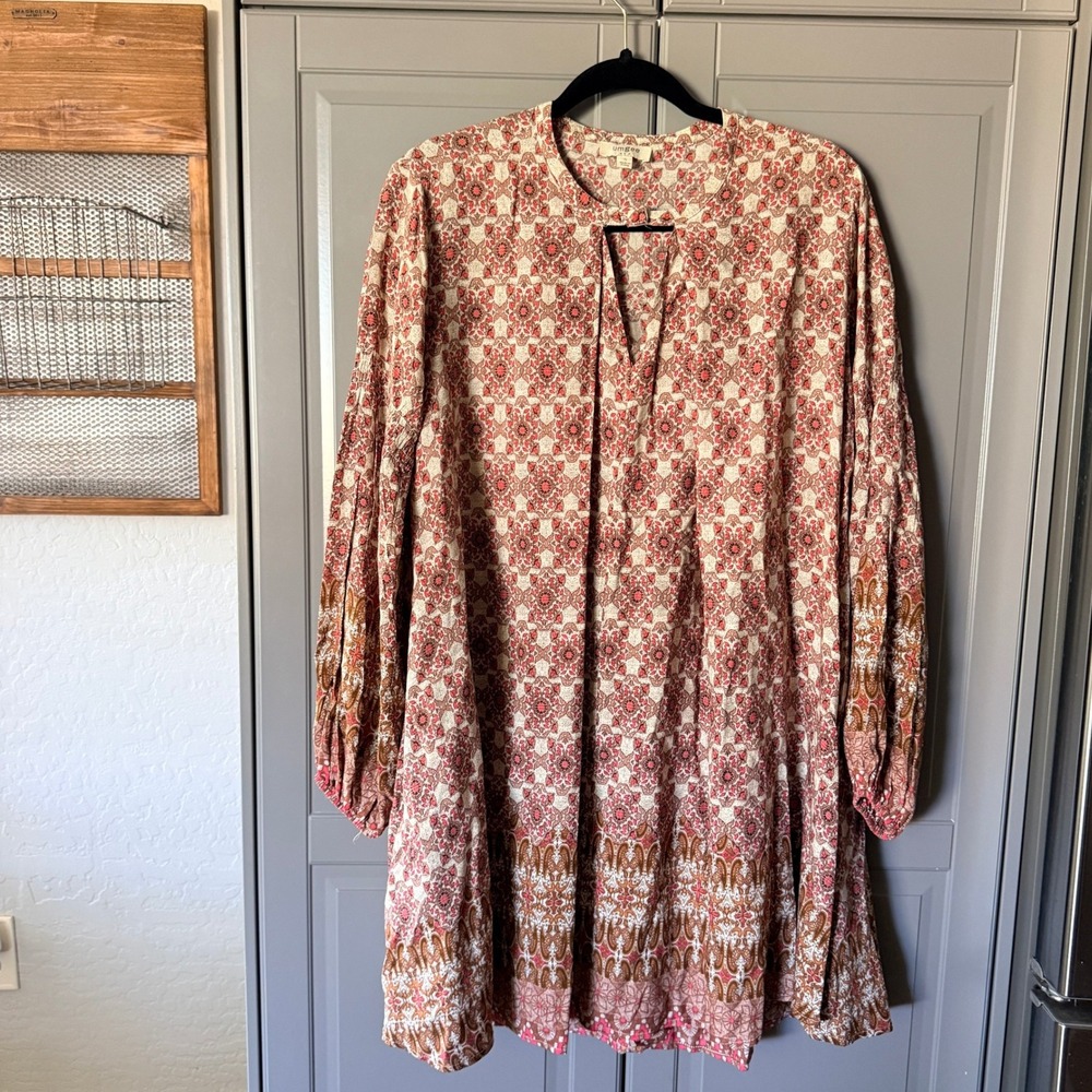 Umgee Boho Medallion Paisley Print Balloon Sleeve Tunic Dress, Orange Tan, S